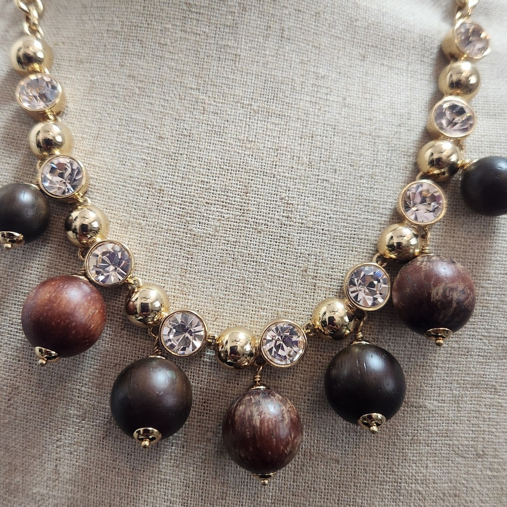 Kate Spade Gold Tone Wood Bead Crystal Statement Necklace Brown Mixed Media‎ Bib